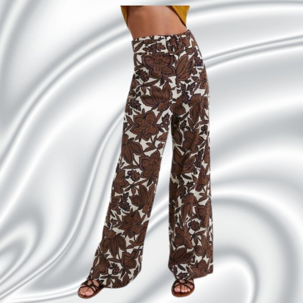 Zara Brown Floral Wide Leg Palazzo Pants L High Waist Belted Boho